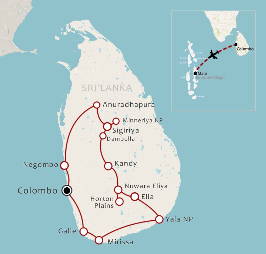 Routekaart 20-daagse rondreis Sri Lanka en Malediven Compleet