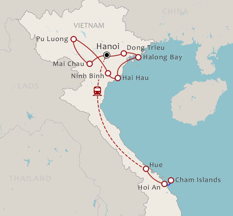 Routekaart 17-daagse rondreis Duurzaam Vietnam