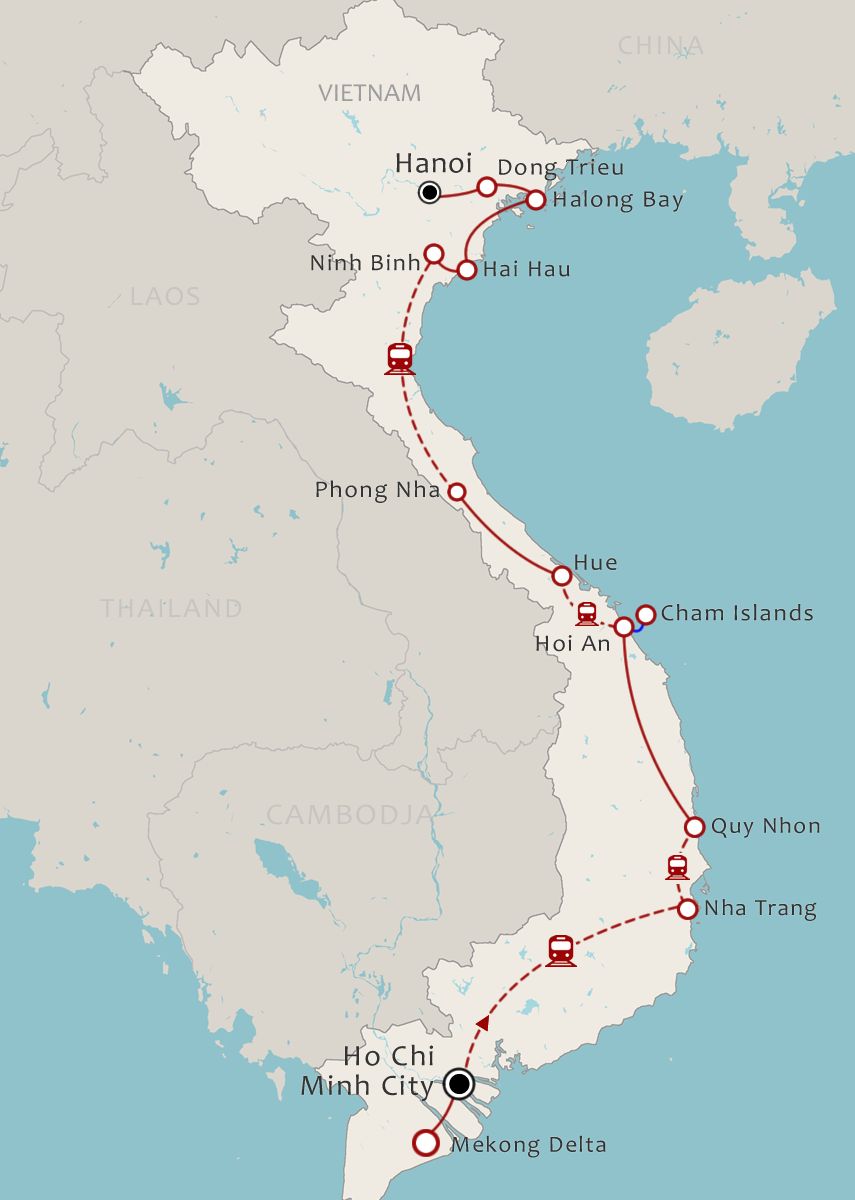 Routekaart 22-daagse rondreis Fair Deal Vietnam Zuid naar Noord
