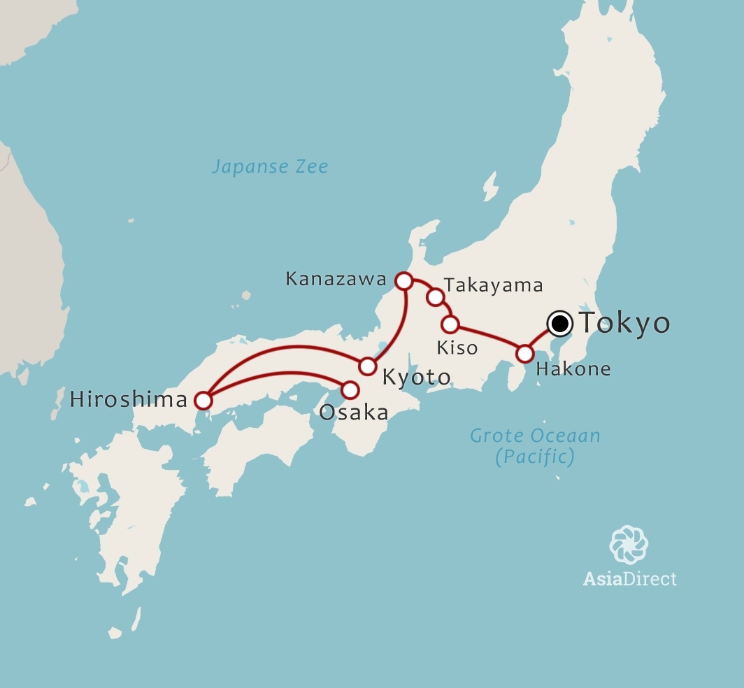 Routekaart 16-daagse rondreis Het Japan van de Samurai