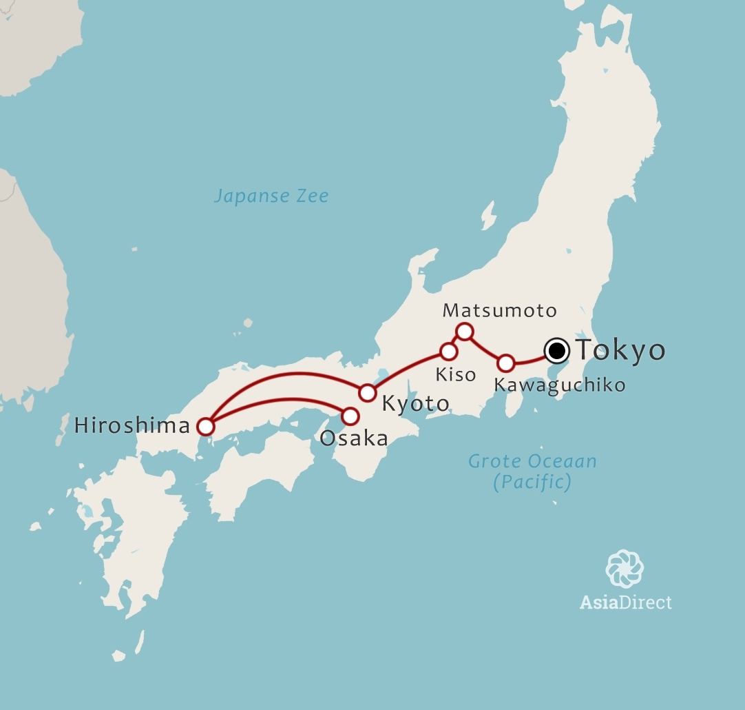 Routekaart 18-daagse rondreis Verrassend Japan