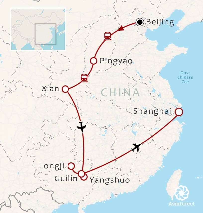 Routekaart 16-daagse rondreis Het hart van China